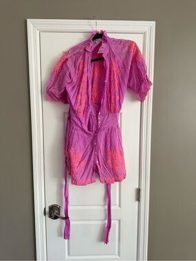 Juliet Dunn Bright Pink One-Piece Romper with Neon Orange Embroidery